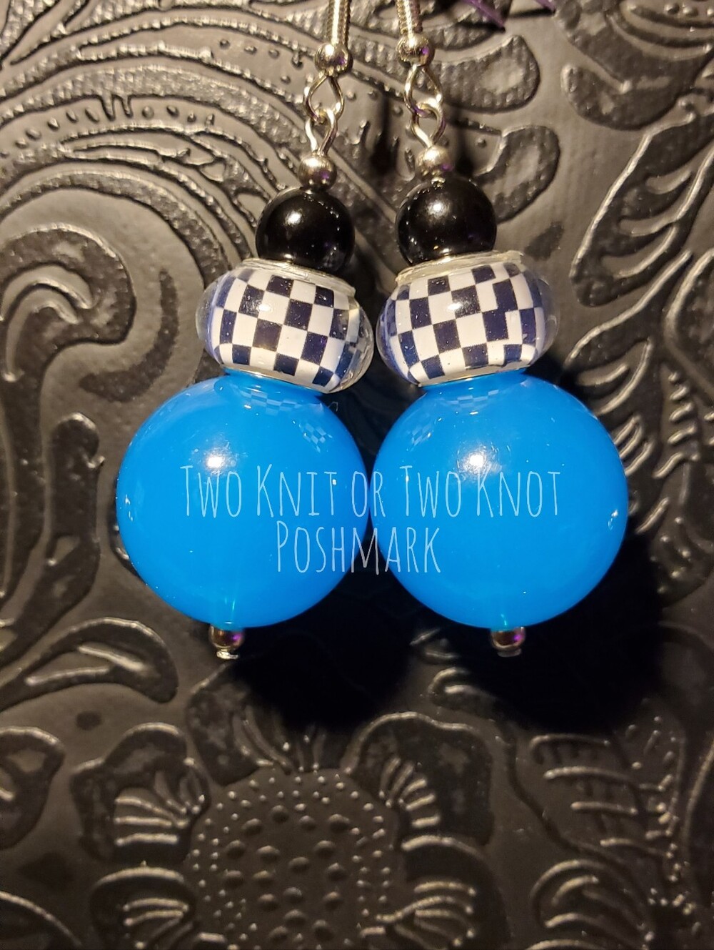 ⭐️ HANDMADE CHUNKY 20MM RETRO CHECKERED STATEMENT EARRINGS - DARK BLUE